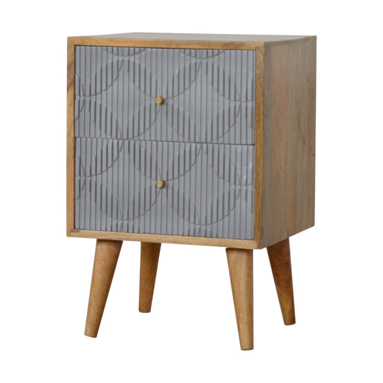 Carved Geometric Nightstand - Solid Mango Wood Bedside Table for Bedroom - main view showing handcrafted solid mango wood...