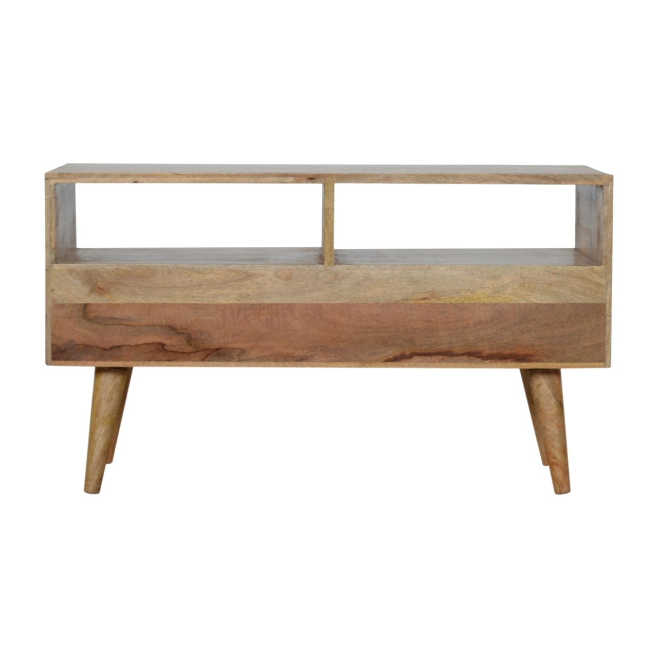 Carved Geometric TV Stand - Solid Mango Wood Entertainment Center for Living Room - product view 8 showing handcrafted...