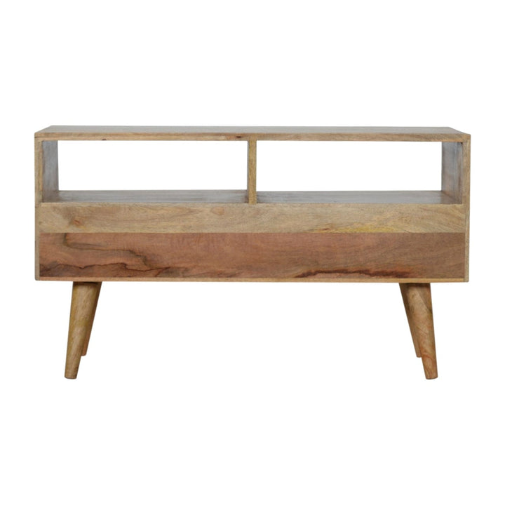 Carved Geometric TV Stand - Solid Mango Wood Entertainment Center for Living Room - product view 8 showing handcrafted...