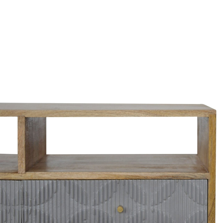 Carved Geometric TV Stand - Solid Mango Wood Entertainment Center for Living Room - product view 6 showing handcrafted...