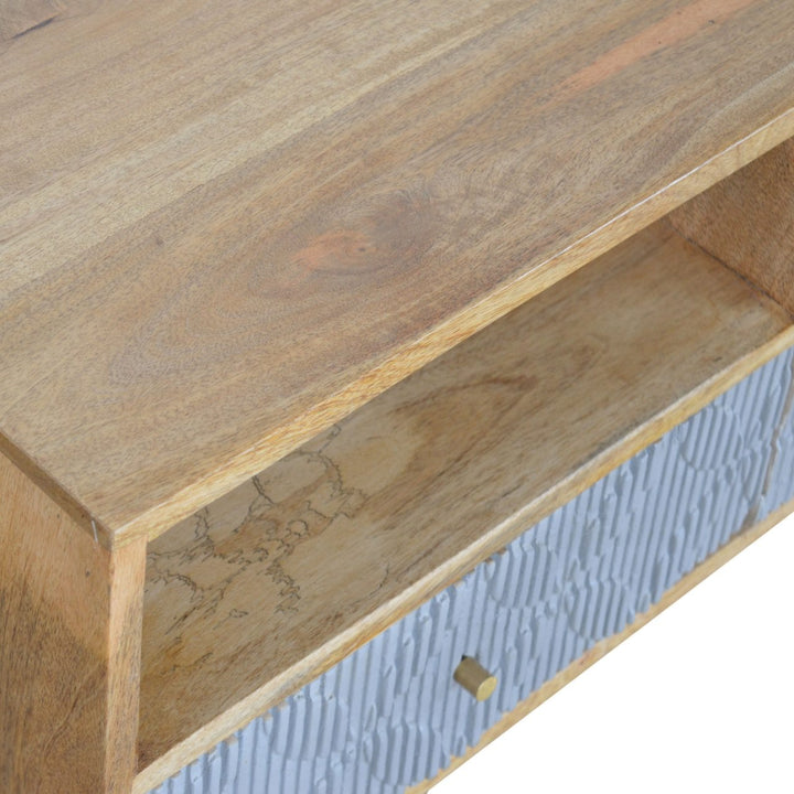 Carved Geometric TV Stand - Solid Mango Wood Entertainment Center for Living Room - product view 5 showing handcrafted...