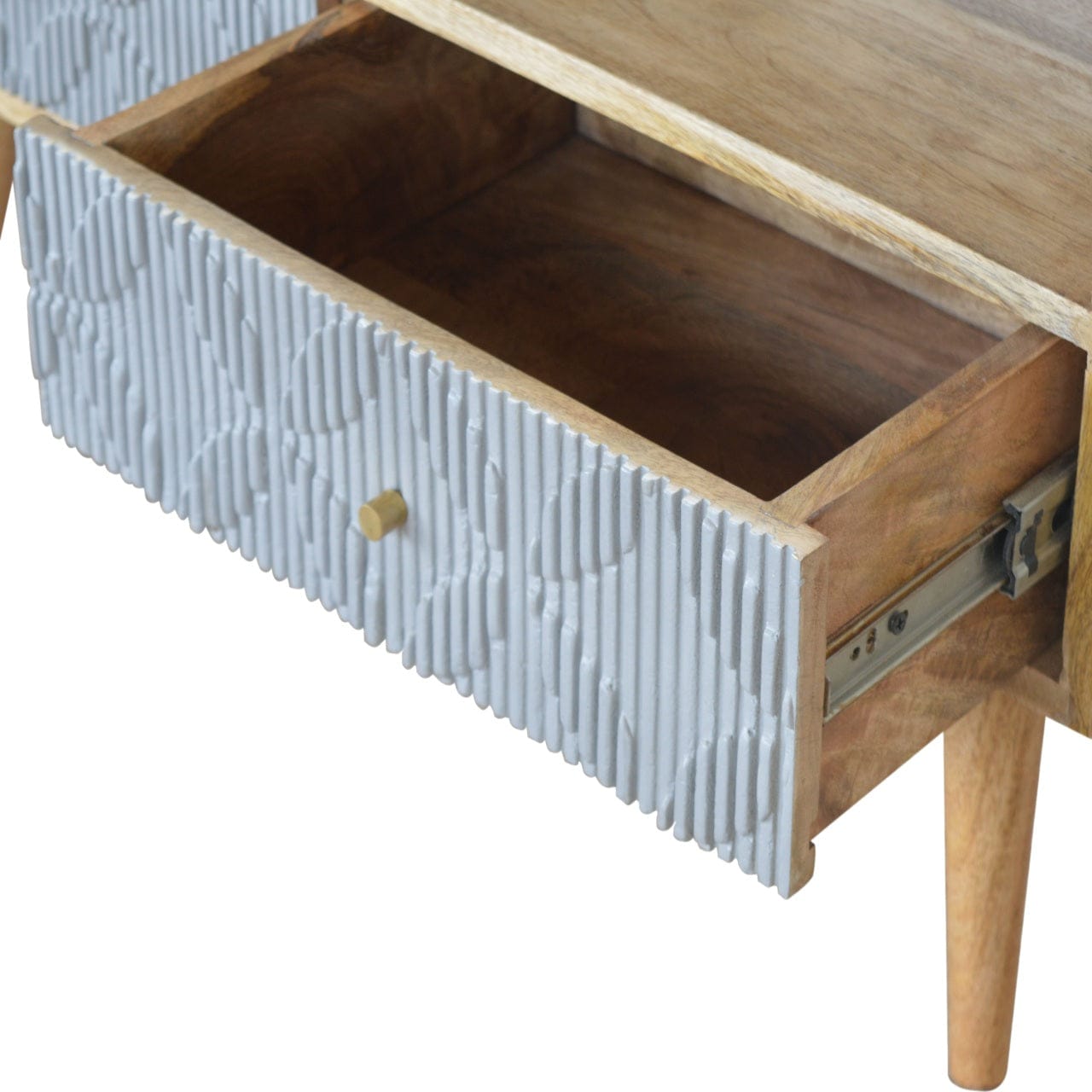 Carved Geometric TV Stand - Solid Mango Wood Entertainment Center for Living Room - product view 4 showing handcrafted...