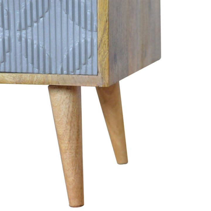 Carved Geometric TV Stand - Solid Mango Wood Entertainment Center for Living Room - product view 3 showing handcrafted...