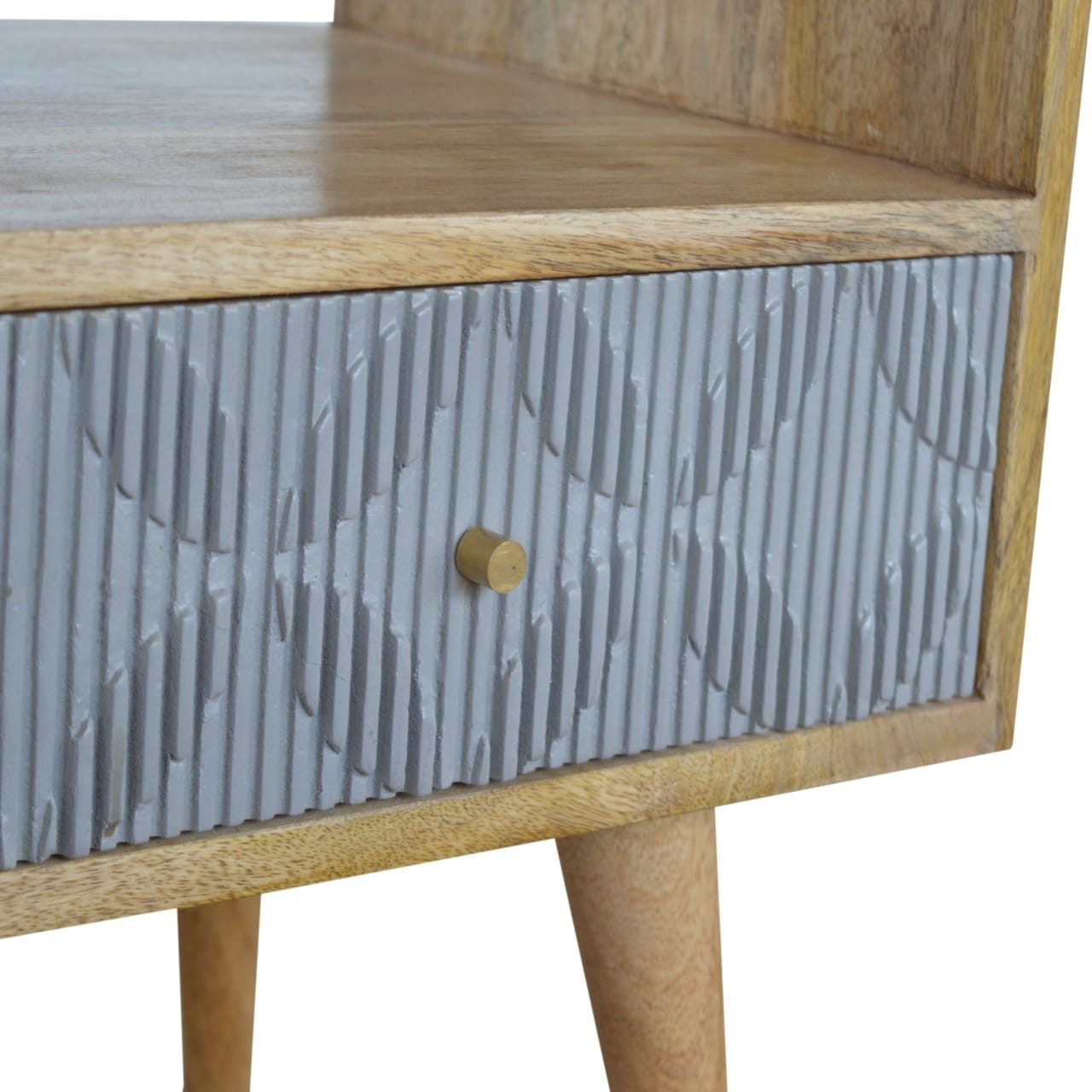 Carved Geometric TV Stand - Solid Mango Wood Entertainment Center for Living Room - product view 2 showing handcrafted...