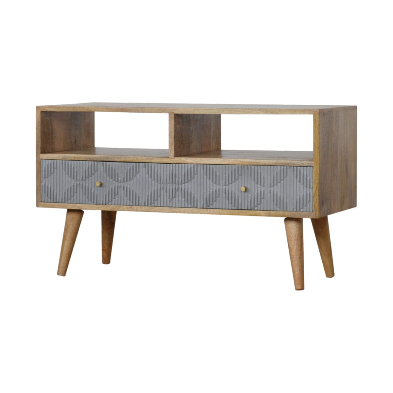 Carved Geometric TV Stand - Solid Mango Wood Entertainment Center for Living Room - main view showing handcrafted solid...