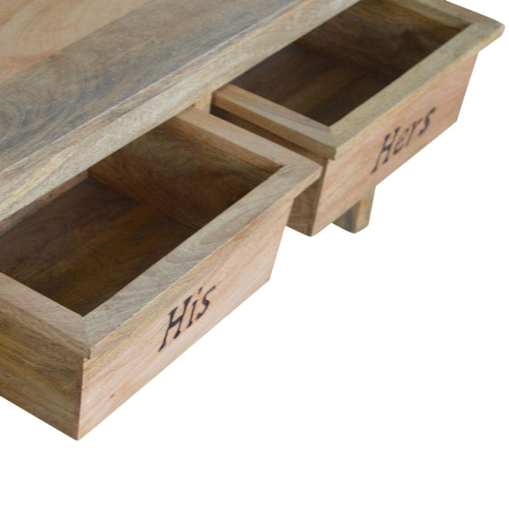 Carved His & Hers Storage Bench - Solid Mango Wood Seating Furniture for Entryway - product view 7 showing handcrafted...