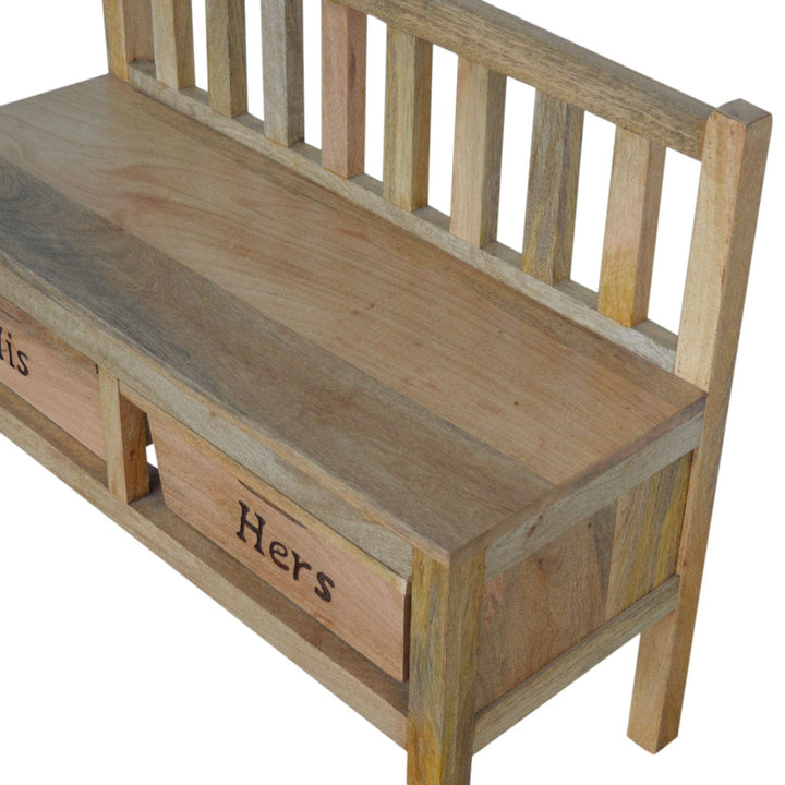 Carved His & Hers Storage Bench - Solid Mango Wood Seating Furniture for Entryway - product view 6 showing handcrafted...