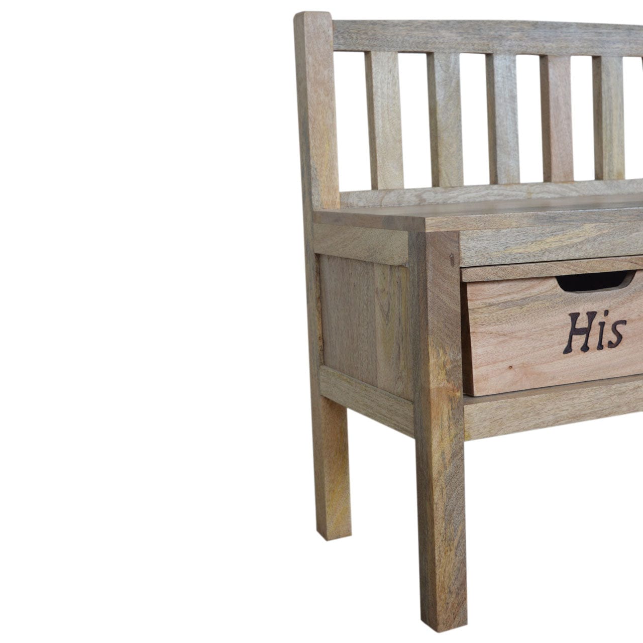 Carved His & Hers Storage Bench - Solid Mango Wood Seating Furniture for Entryway - product view 5 showing handcrafted...