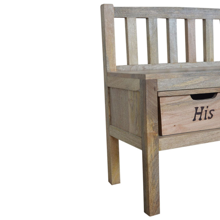 Carved His & Hers Storage Bench - Solid Mango Wood Seating Furniture for Entryway - product view 5 showing handcrafted...