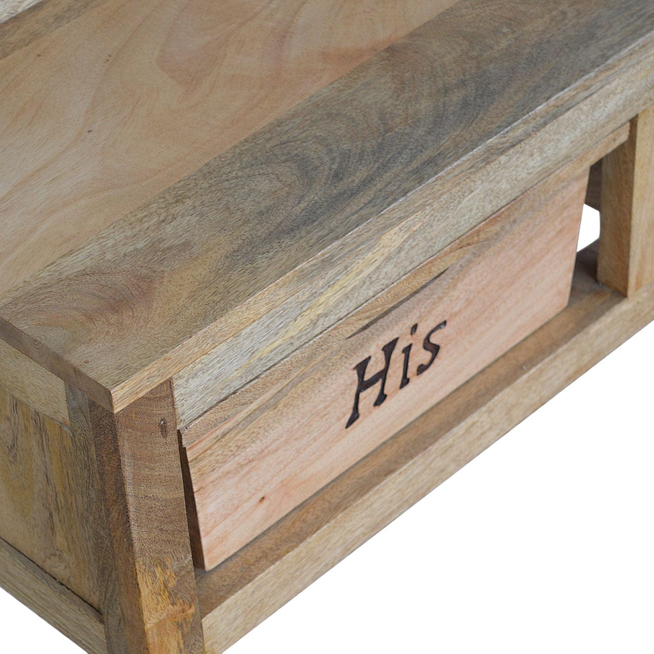 Carved His & Hers Storage Bench - Solid Mango Wood Seating Furniture for Entryway - product view 4 showing handcrafted...