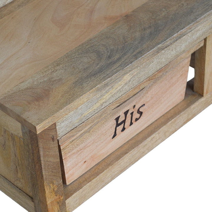 Carved His & Hers Storage Bench - Solid Mango Wood Seating Furniture for Entryway - product view 4 showing handcrafted...