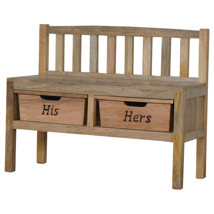 Carved His & Hers Storage Bench - Solid Mango Wood Seating Furniture for Entryway - product view 2 showing handcrafted...