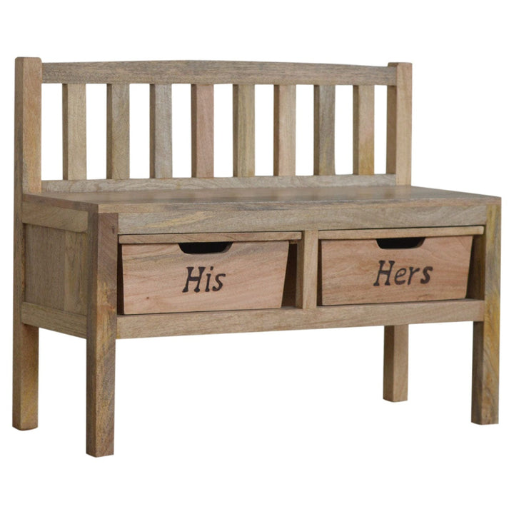 Carved His & Hers Storage Bench - Solid Mango Wood Seating Furniture for Entryway - main view showing handcrafted solid...