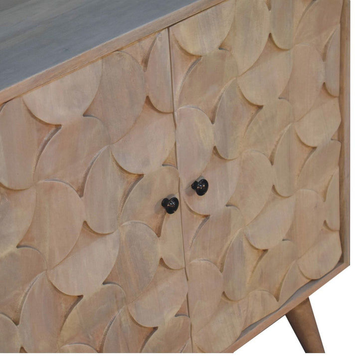 Carved Hourglass Marble Sideboard - Solid Mango Wood Buffet Cabinet for Dining Room - product view 6 showing handcrafted...