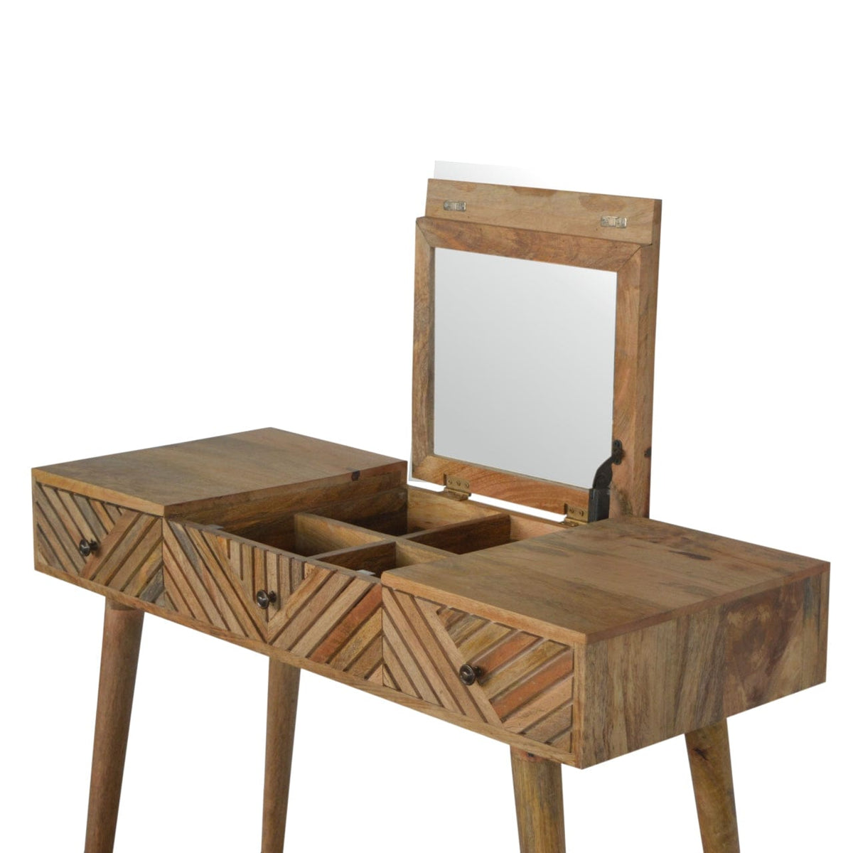 Carved Line Foldable Dressing Table - Solid Mango Wood Vanity Table for Bedroom - product view 5 showing handcrafted...