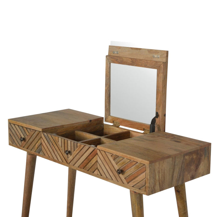 Carved Line Foldable Dressing Table - Solid Mango Wood Vanity Table for Bedroom - product view 5 showing handcrafted...