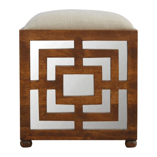Carved Linen Seat Footstool - Solid Mango Wood Accent Stool for Living Room - product view 7 showing handcrafted solid...