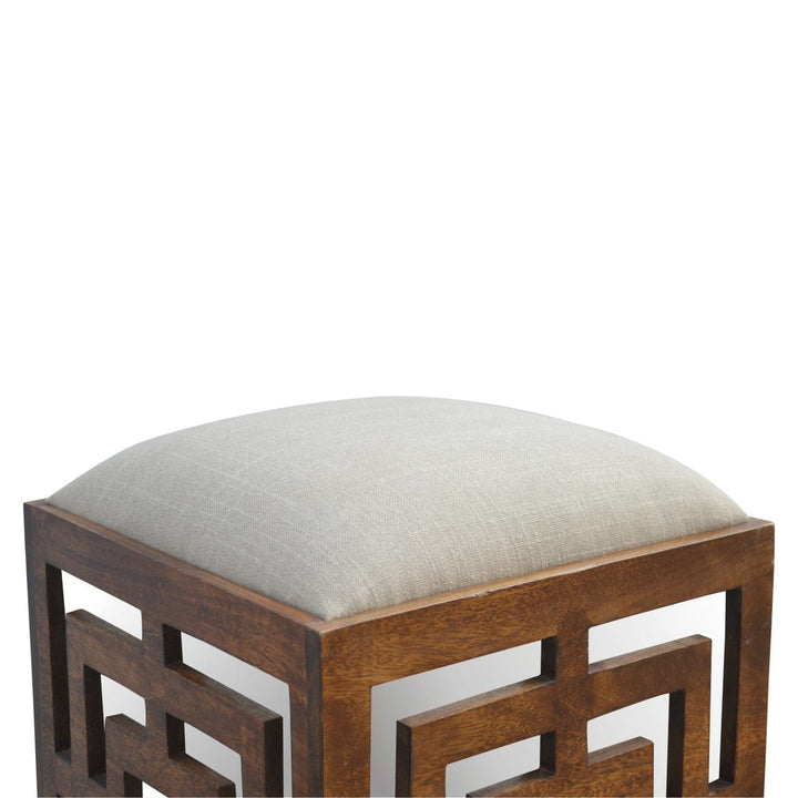 Carved Linen Seat Footstool - Solid Mango Wood Accent Stool for Living Room - product view 6 showing handcrafted solid...