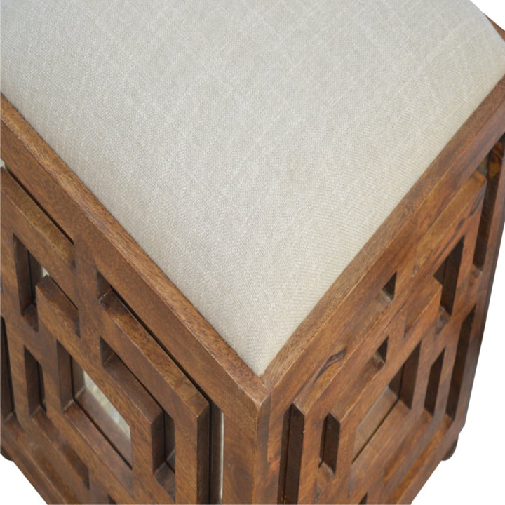 Carved Linen Seat Footstool - Solid Mango Wood Accent Stool for Living Room - product view 5 showing handcrafted solid...