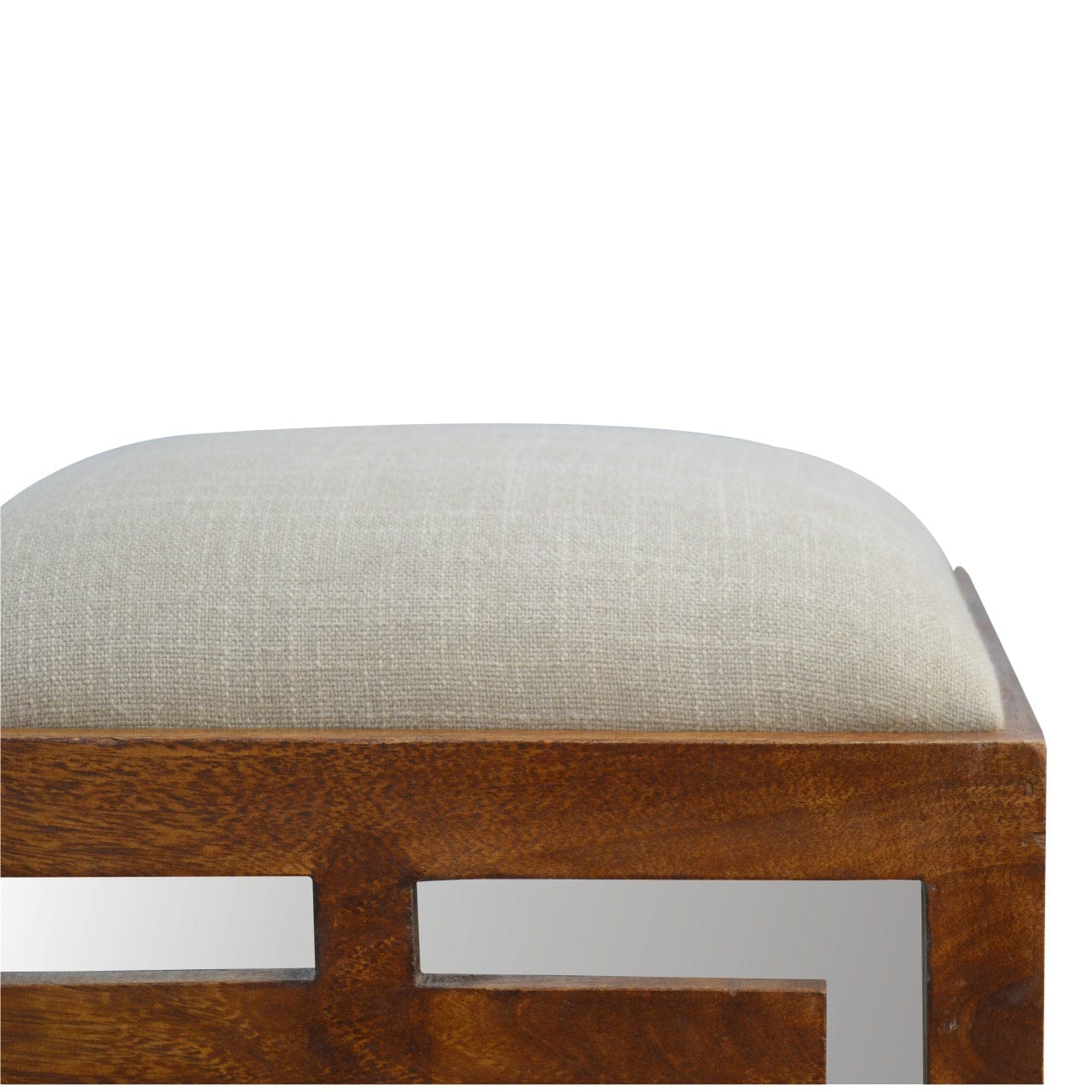 Carved Linen Seat Footstool - Solid Mango Wood Accent Stool for Living Room - product view 3 showing handcrafted solid...