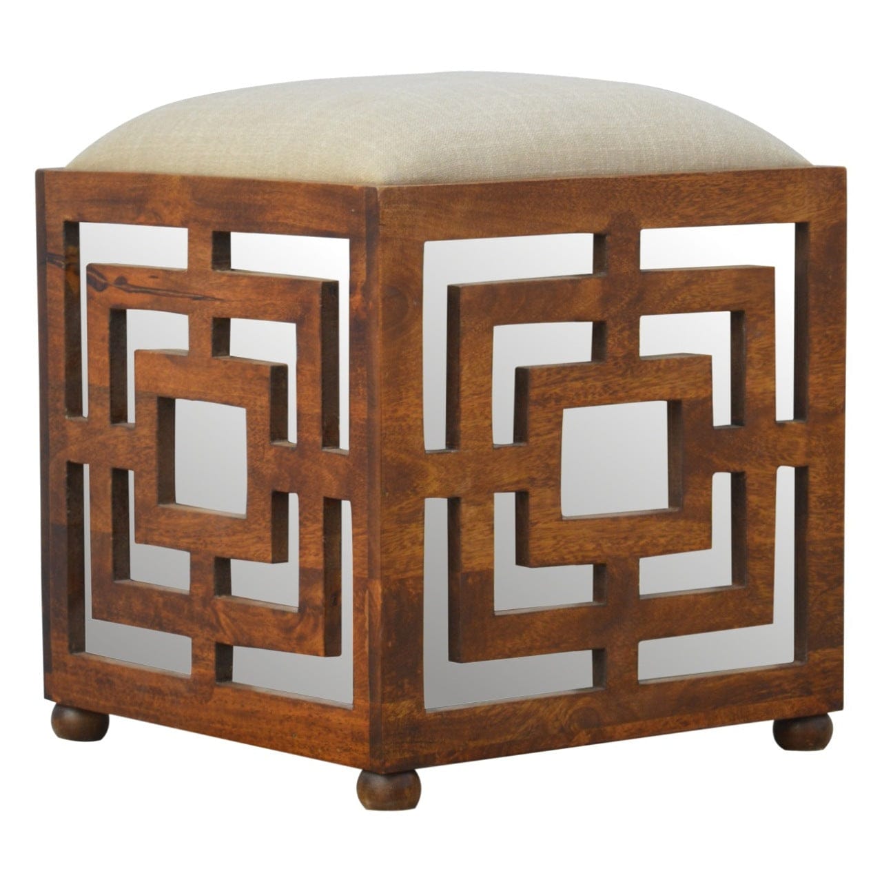 Carved Linen Seat Footstool - Solid Mango Wood Accent Stool for Living Room - product view 2 showing handcrafted solid...