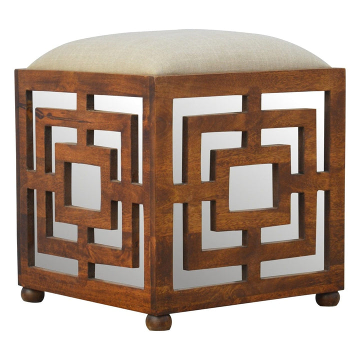 Carved Linen Seat Footstool - Solid Mango Wood Accent Stool for Living Room - product view 2 showing handcrafted solid...