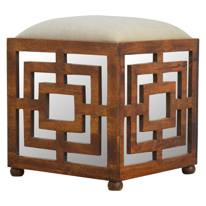 Carved Linen Seat Footstool - Solid Mango Wood Accent Stool for Living Room - main view showing handcrafted solid mango...