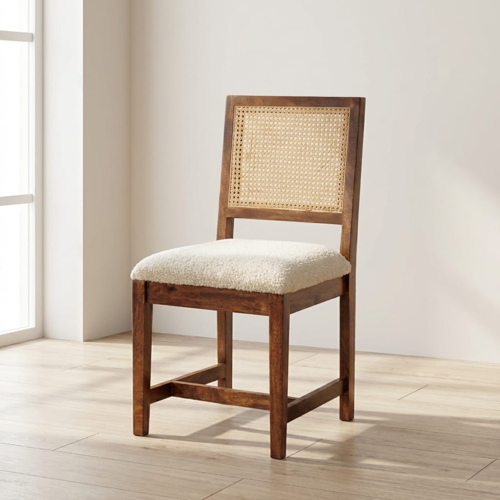 Cream Bouclé Rattan Dining Chair - Solid Mango Wood Chair - main view showing handcrafted solid mango wood chair