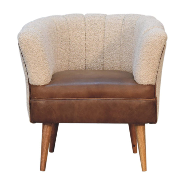Handcrafted Boucle Cream Buffalo Armchair - Solid Mango Wood Accent Chair for Living Room - main view showing handcrafted...