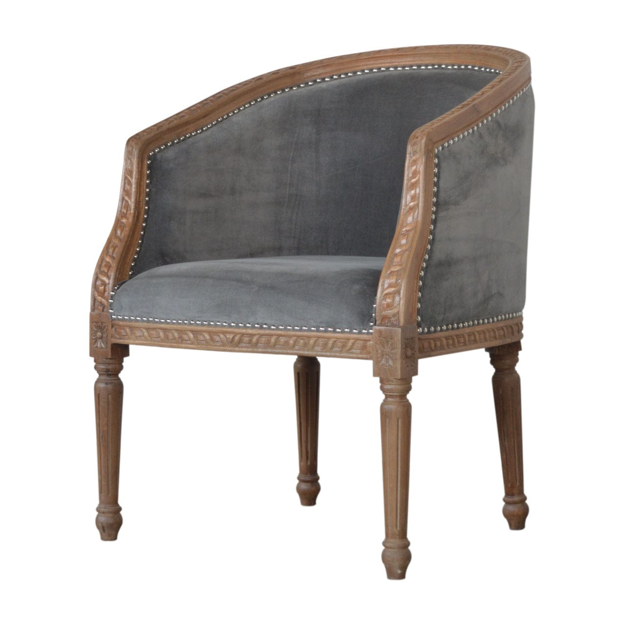 Handcrafted Grey Velvet Occasional Chair in Solid Mango Wood - product view 2 showing handcrafted solid mango wood chair