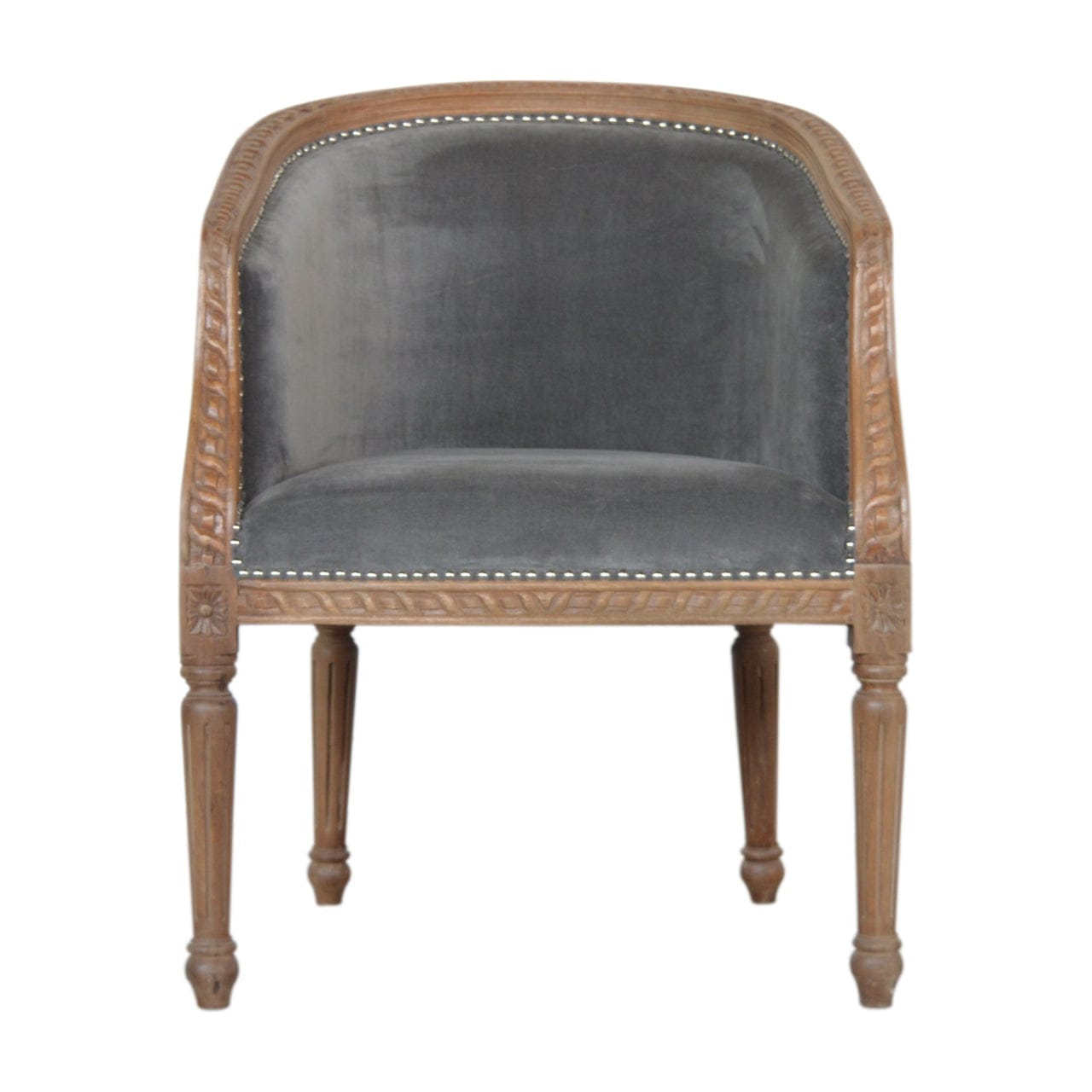 Handcrafted Grey Velvet Occasional Chair in Solid Mango Wood - main view showing handcrafted solid mango wood chair