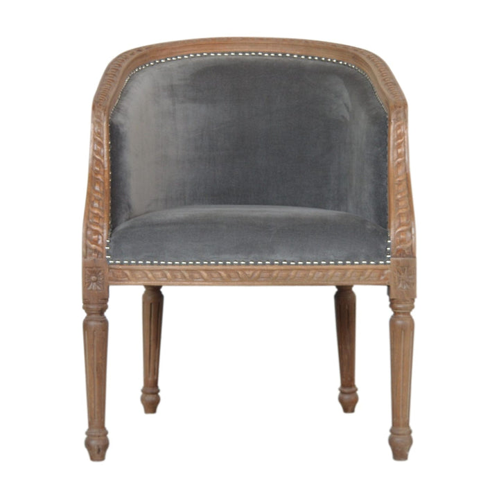 Handcrafted Grey Velvet Occasional Chair in Solid Mango Wood - main view showing handcrafted solid mango wood chair