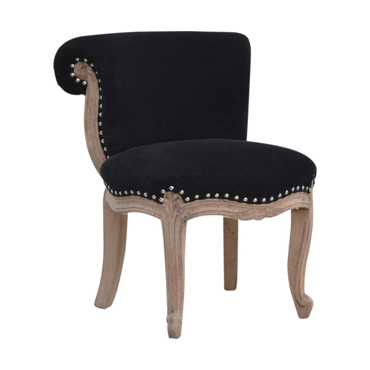 Mid-Century Modern Black Velvet Studded Chair in Solid Mango Wood - product view 2 showing handcrafted solid mango wood chair
