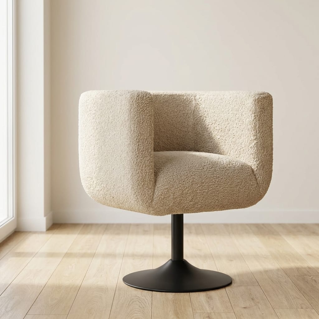 Mid-Century Modern Cream Boucle Swivel Chair in Solid Mango Wood - main view showing handcrafted solid mango wood chair