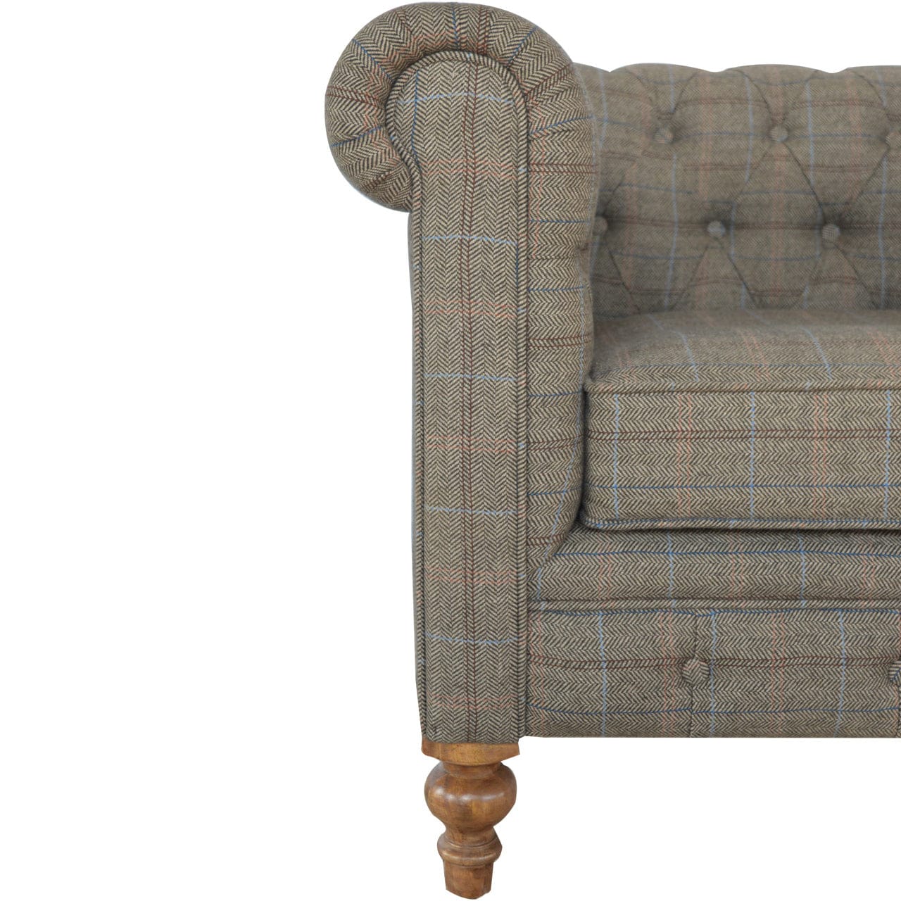 Chesterfield Multi Tweed Armchair - Solid Mango Wood Accent Chair for Living Room - product view 5 showing handcrafted...