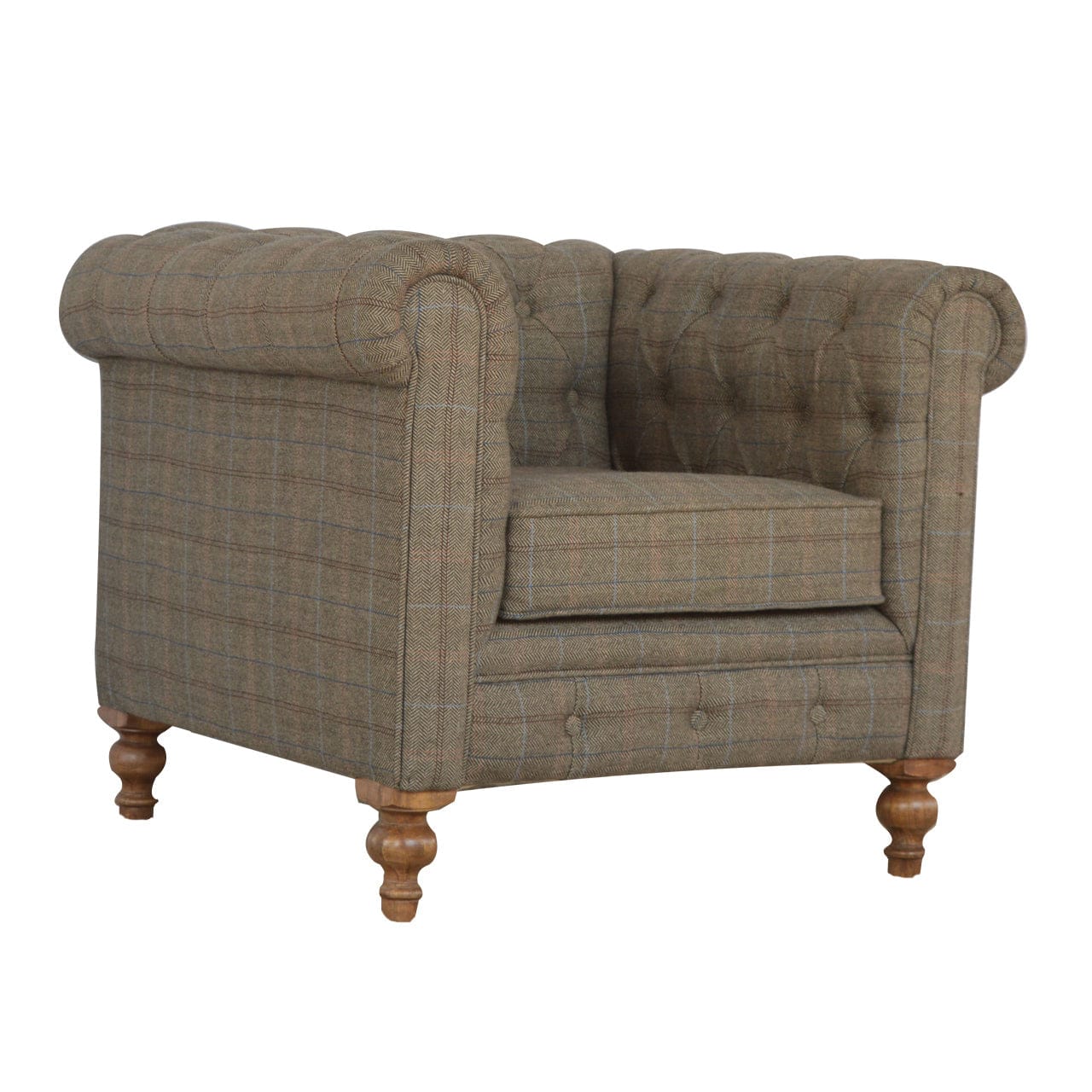 Chesterfield Multi Tweed Armchair - Solid Mango Wood Accent Chair for Living Room - product view 2 showing handcrafted...