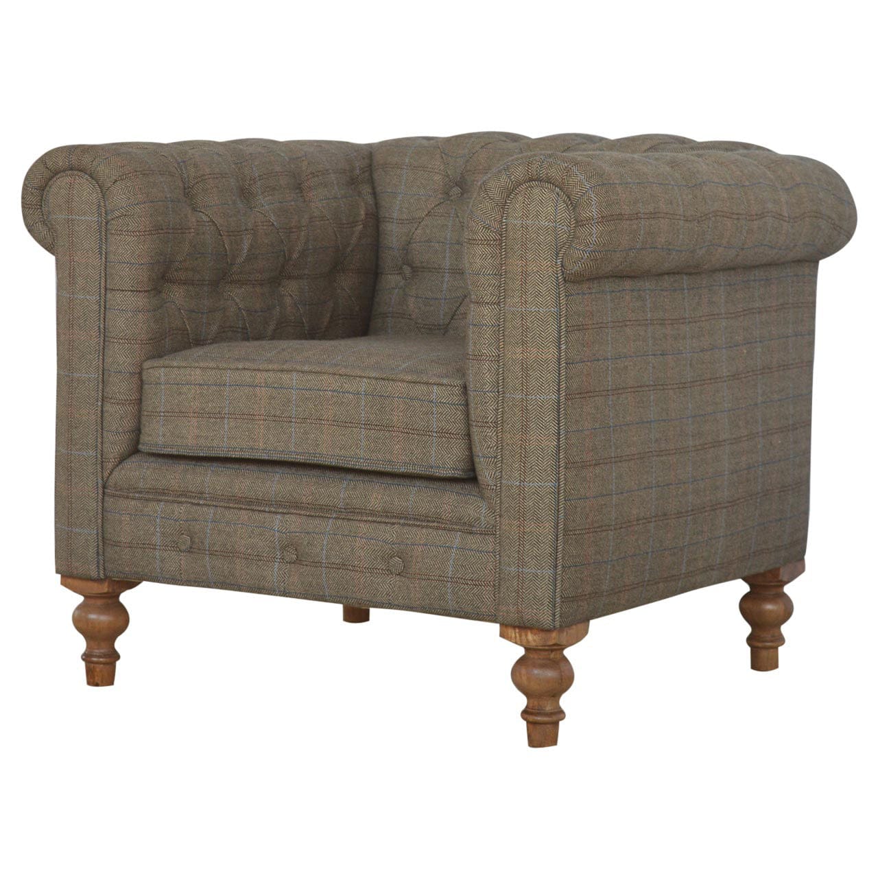 Chesterfield Multi Tweed Armchair - Solid Mango Wood Accent Chair for Living Room - main view showing handcrafted solid...