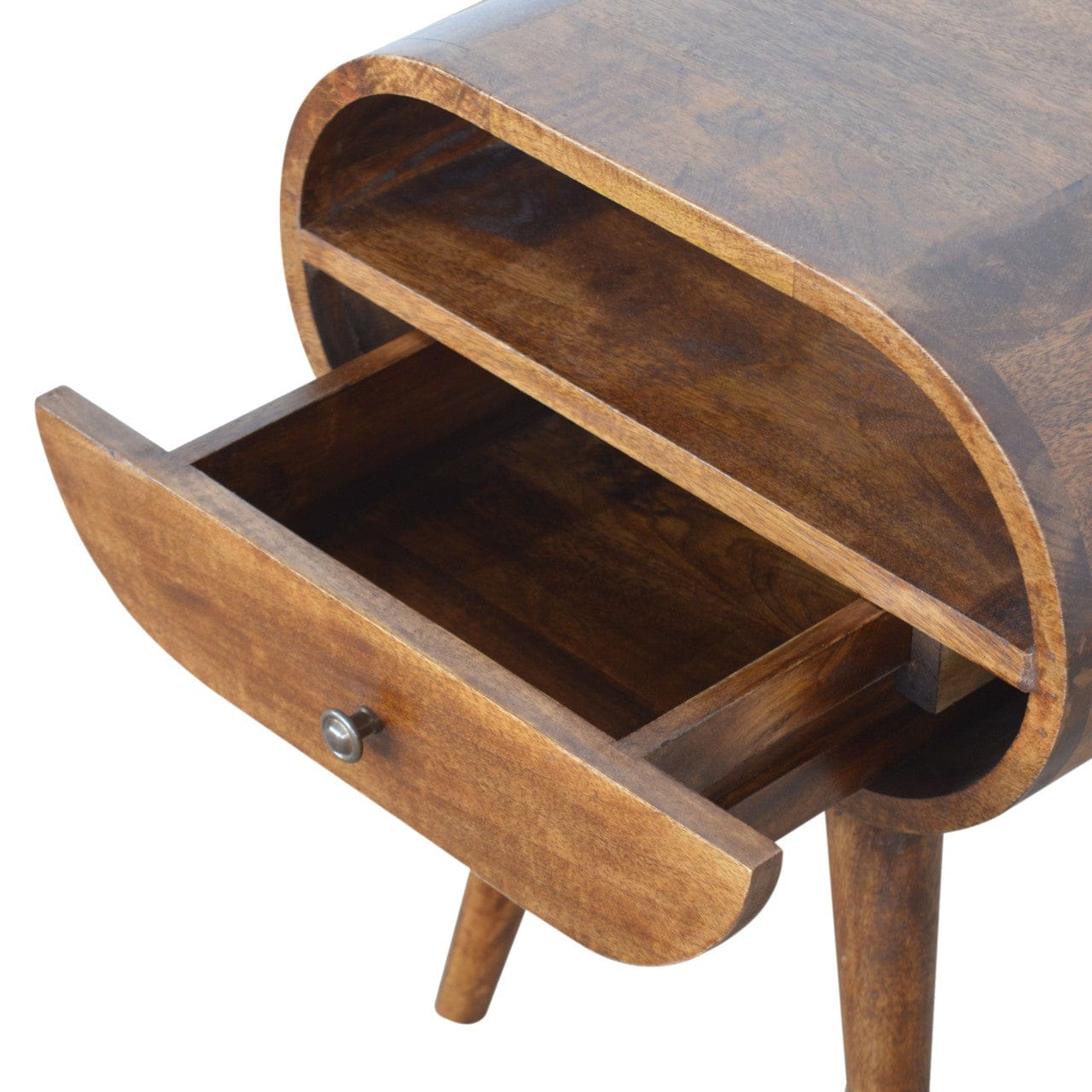 Chestnut 1 Drawer Nightstand - Solid Mango Wood Bedside Table for Bedroom - product view 4 showing handcrafted solid...