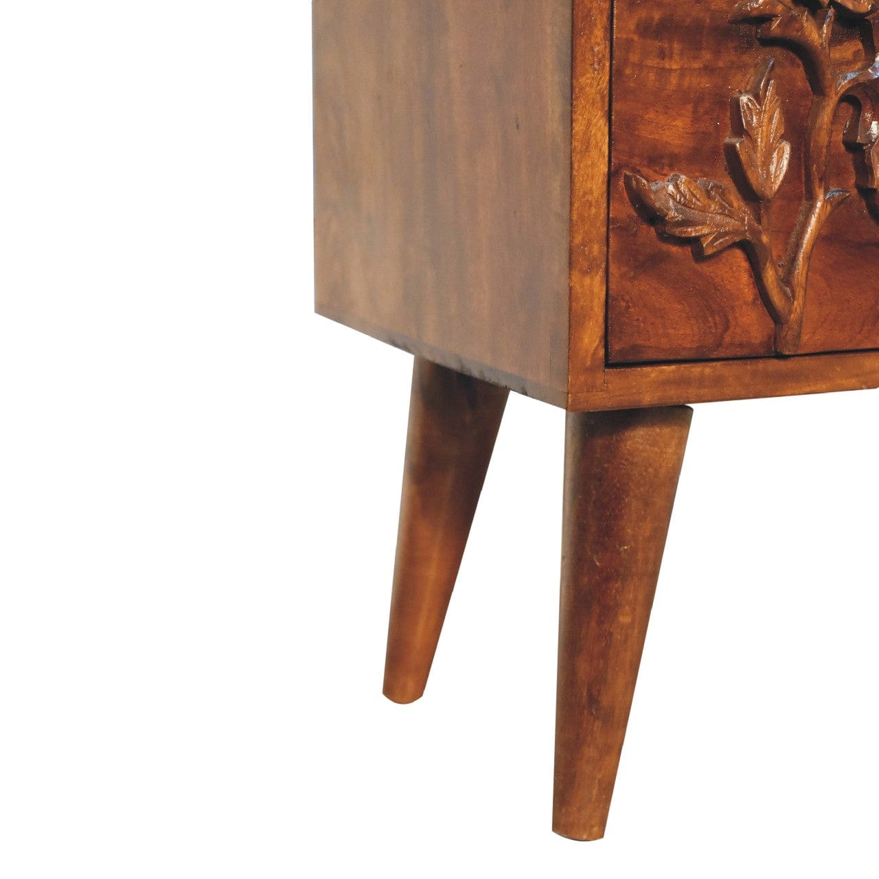 Chestnut Botanic Nightstand - Solid Mango Wood Bedside Table for Bedroom - product view 8 showing handcrafted solid mango...