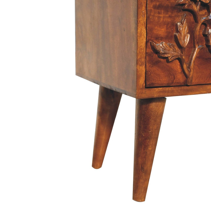 Chestnut Botanic Nightstand - Solid Mango Wood Bedside Table for Bedroom - product view 8 showing handcrafted solid mango...
