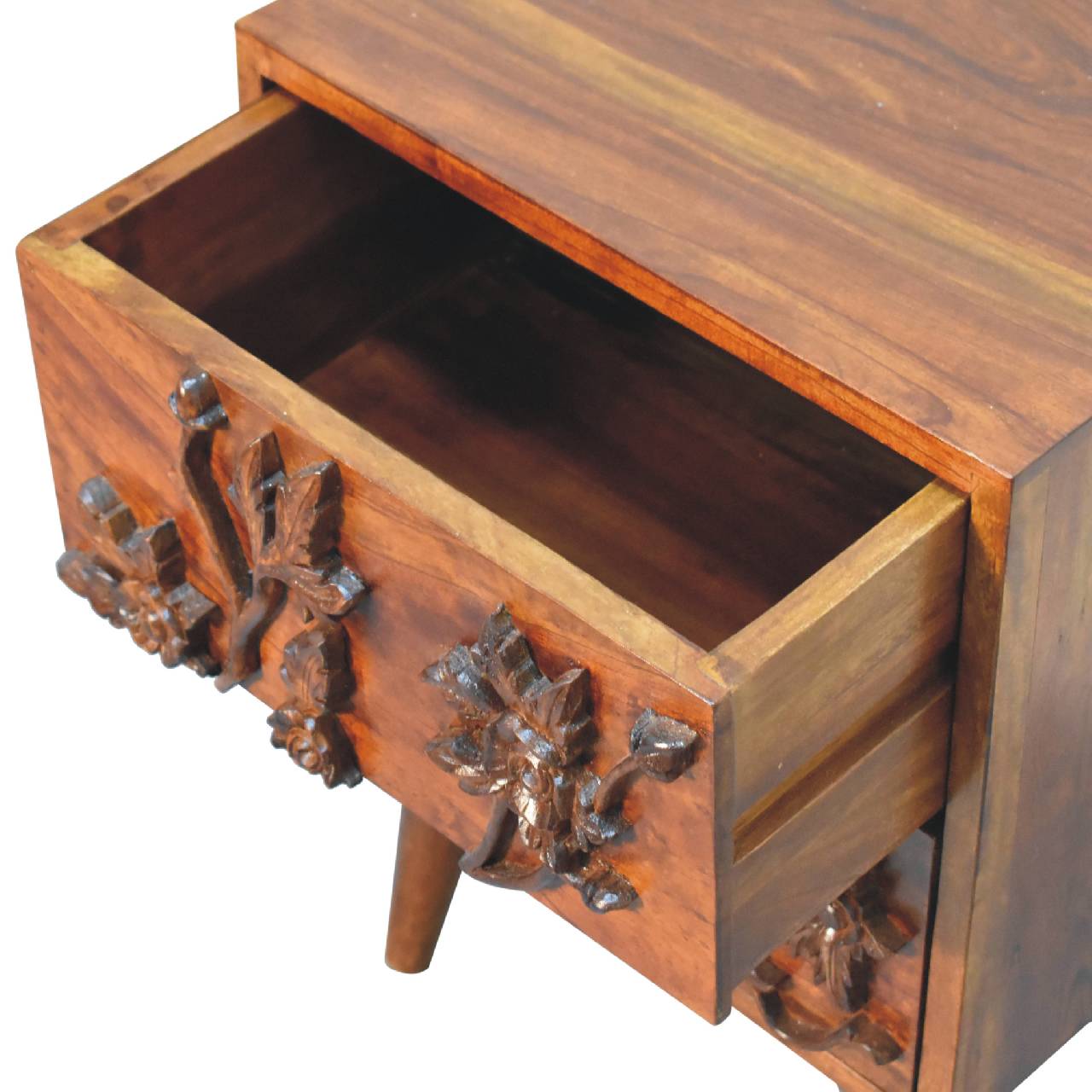 Chestnut Botanic Nightstand - Solid Mango Wood Bedside Table for Bedroom - product view 7 showing handcrafted solid mango...