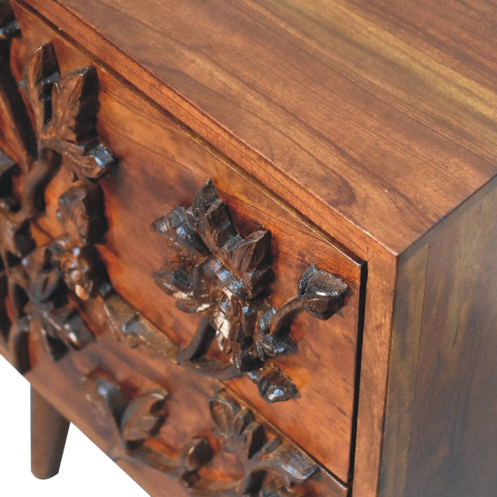 Chestnut Botanic Nightstand - Solid Mango Wood Bedside Table for Bedroom - product view 6 showing handcrafted solid mango...