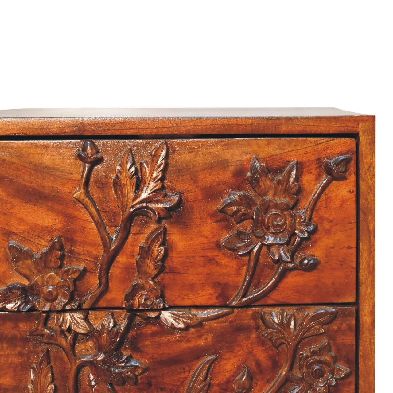 Chestnut Botanic Nightstand - Solid Mango Wood Bedside Table for Bedroom - product view 5 showing handcrafted solid mango...