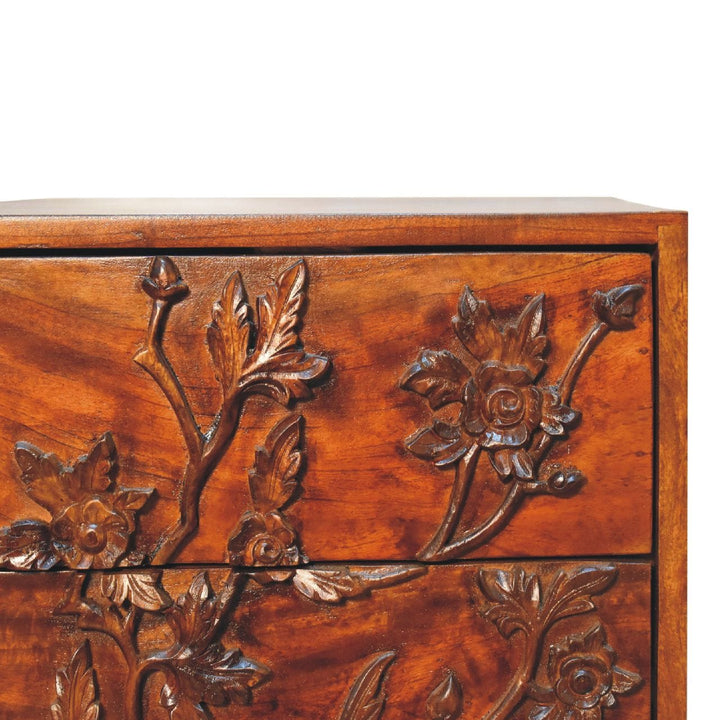Chestnut Botanic Nightstand - Solid Mango Wood Bedside Table for Bedroom - product view 5 showing handcrafted solid mango...