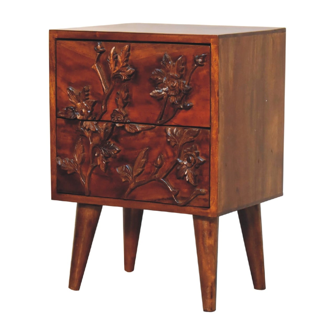 Chestnut Botanic Nightstand - Solid Mango Wood Bedside Table for Bedroom - product view 4 showing handcrafted solid mango...