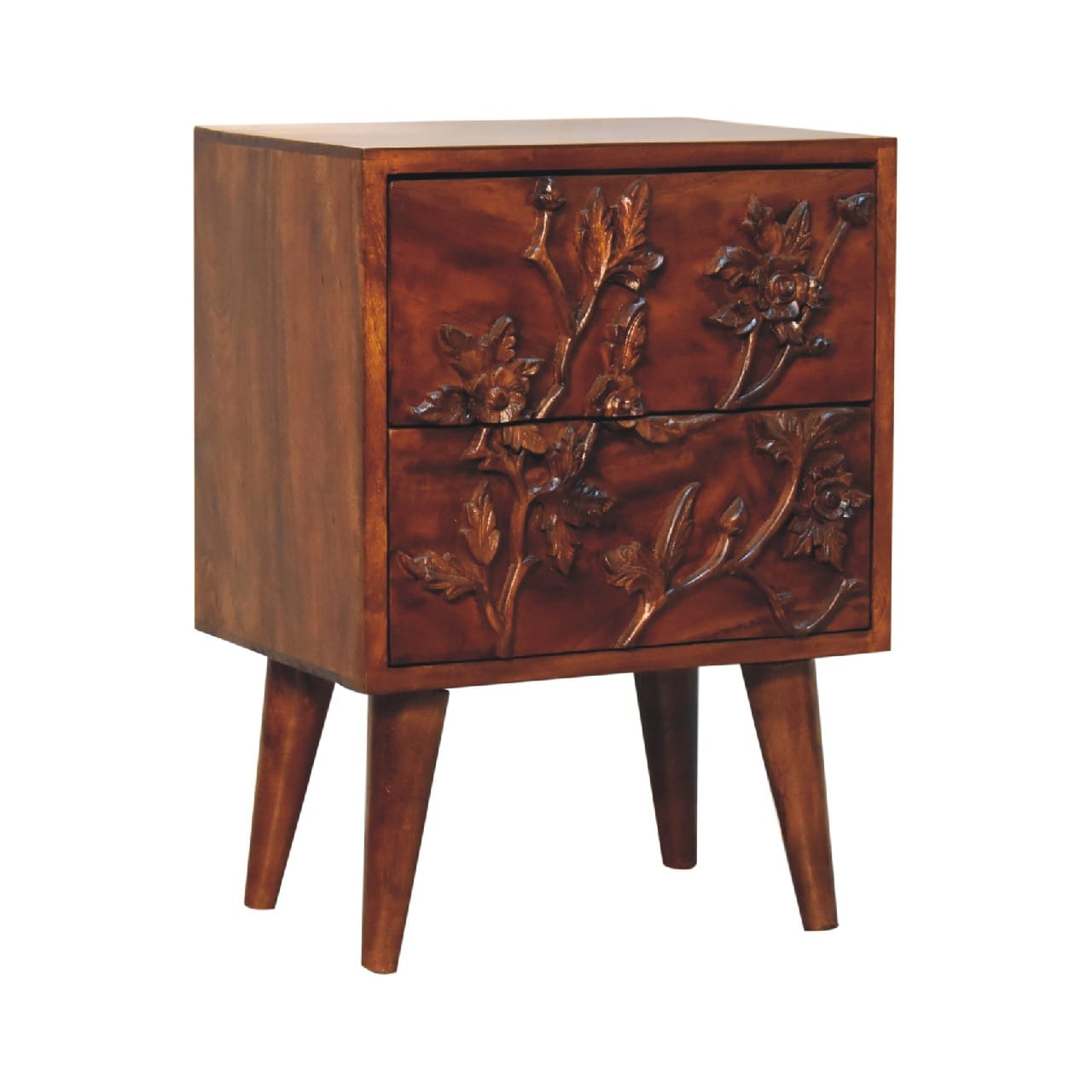 Chestnut Botanic Nightstand - Solid Mango Wood Bedside Table for Bedroom - product view 3 showing handcrafted solid mango...