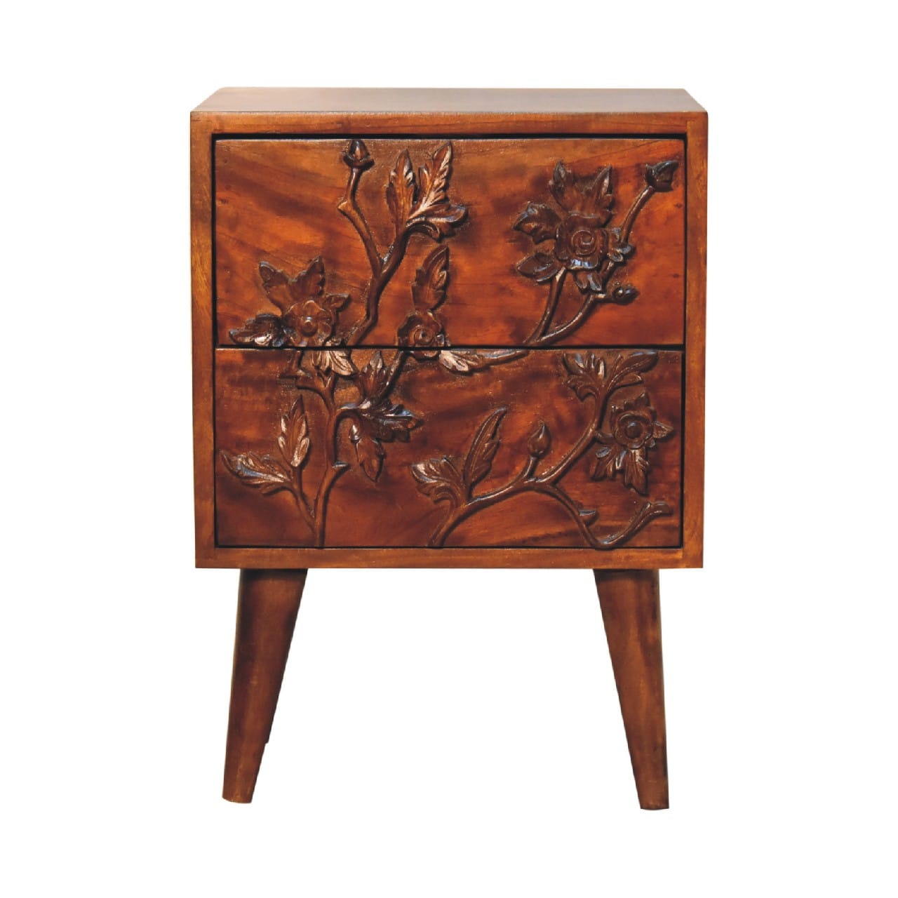 Chestnut Botanic Nightstand - Solid Mango Wood Bedside Table for Bedroom - product view 2 showing handcrafted solid mango...