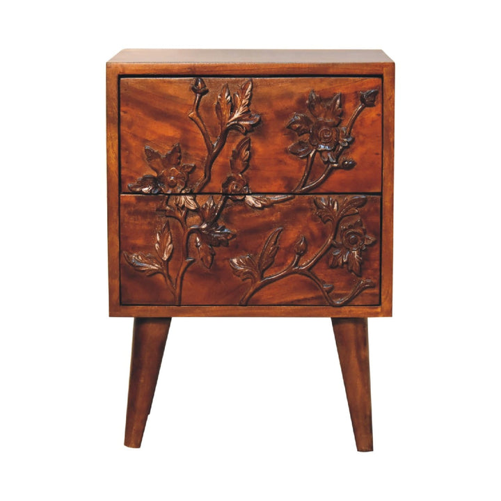 Chestnut Botanic Nightstand - Solid Mango Wood Bedside Table for Bedroom - product view 2 showing handcrafted solid mango...