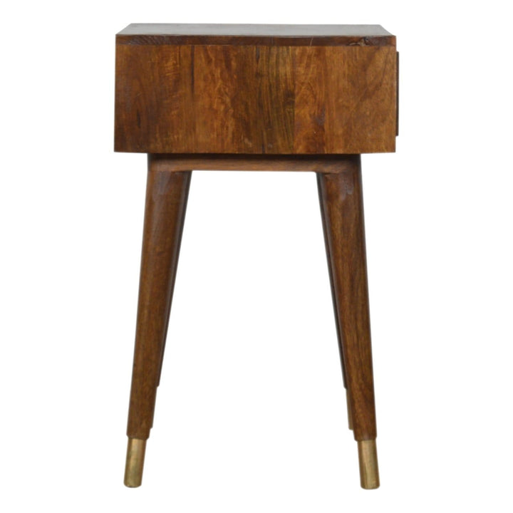 Chestnut Brass Cut out Nightstand - Solid Mango Wood Bedside Table for Bedroom - product view 7 showing handcrafted solid...