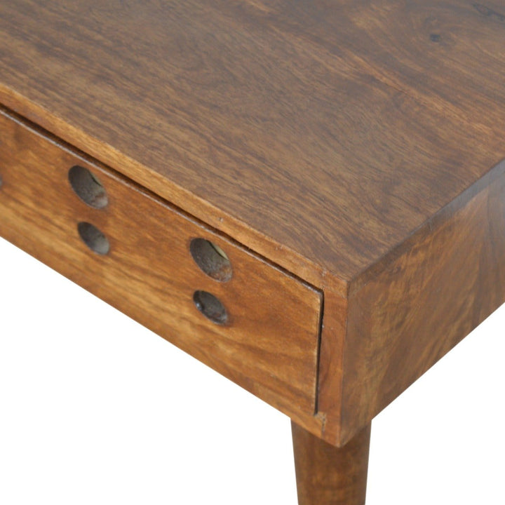 Chestnut Brass Cut out Nightstand - Solid Mango Wood Bedside Table for Bedroom - product view 6 showing handcrafted solid...